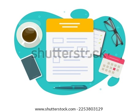 Application statement filling table desk top view vector, office paper document claim writing pen, admission registration tax form, questionnaire survey blank, job apply service, insurance policy