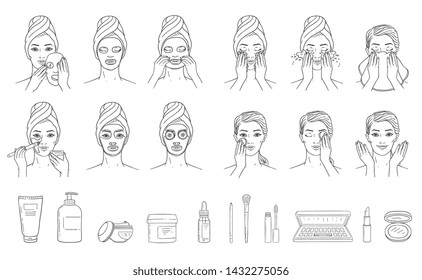 Application steps of facial mask on woman head and cosmetics set sketch style, vector illustration isolated on white background. Female face skin treatment and care infographic elements