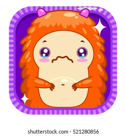 Application store icon with comic crying orange shaggy monster. App logo element. Vector cute cartoon childish style illustration.