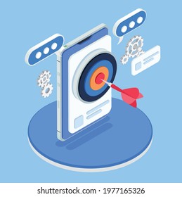 Application store optimization 3d concept with isometric target with arrow on smartphone monitor vector illustration