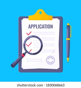 Application submit document form flat style design icon sign vector illustration isolated on white background. Complete application or survey document business concept with text contract stamp.