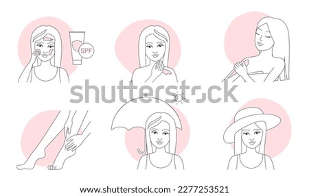 Application of sunscreen, skincare instructions thin line icons set vector illustration. Outline girls apply sunblock cream or lotion on skin of face and body, female characters use umbrella and hat