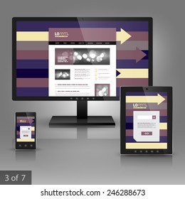 Application template design for corporate identity with purple, yellow and brown arrows. Stationery set