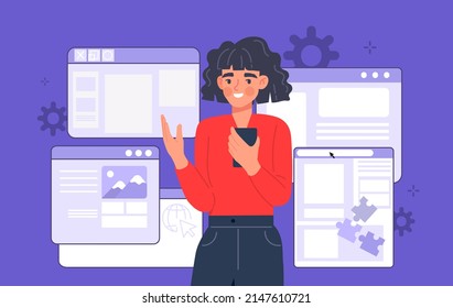 Application testing concept. Girl with smartphone in handsbrowses pages of website. Creation of programs and applications, modern technologies and digital world. Cartoon flat vector illustration