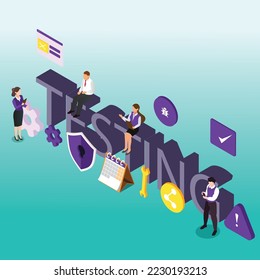 Application testing, debugging development isometric 3d vector illustration concept for banner, website, illustration, landing page, flyer, etc.