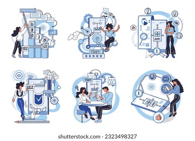 Application testing metaphor. Vector illustration. App test, test drive before app is out for spin in market Software testing, inspection officer ensuring coding standards are met Application testing