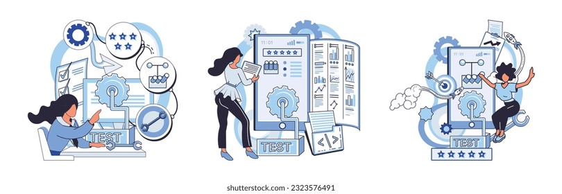 Application testing metaphor. Vector illustration. Software testing, sweep that keeps software environment clefrom bugs Application testing, softwares final exam before its deemed fit for use