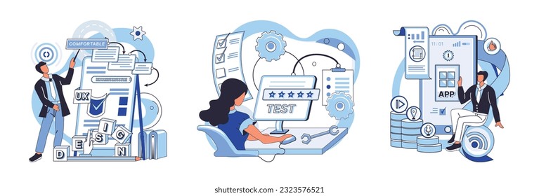 Application testing metaphor. Vector illustration. Application testing, refining process for well-oiled software mechanism App test, mock drill that prepares app for real-world scenarios Software