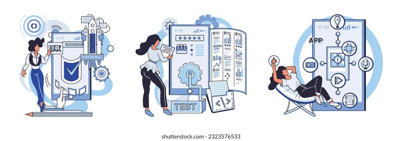 Application testing metaphor. Vector illustration. Software testing, final frontier before code goes live Application testing, diagnostic procedure for softwares health App test, rehearsal stage