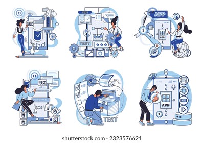Application testing metaphor. Vector illustration. Application testing, qualifying race before software chit users device App test, demo run that prepares app for its final race Software testing