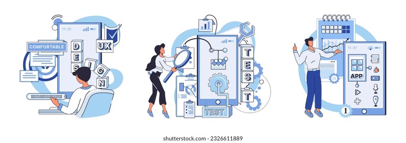 Application testing metaphor. Vector illustration. App test, stress test for gauging apps robustness Software testing, fact-checker that validates performance of code Application testing, audit