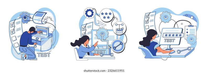 Application testing metaphor. Vector illustration. Software testing, examination that scrutinizes every line of code Application testing, scale to measure softwares performance App test, boot camp