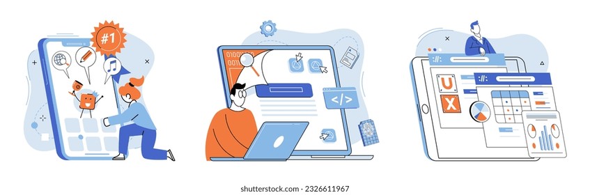 Application testing metaphor. Vector illustration. Application testing, audit that every software must pass App test, endurance test for evaluating apps resilience Software testing, sweep that keeps