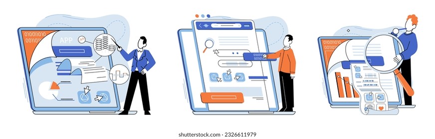 Application testing metaphor. Vector illustration. Application testing, audit that every software must pass App test, endurance test for evaluating apps resilience Software testing, sweep that keeps