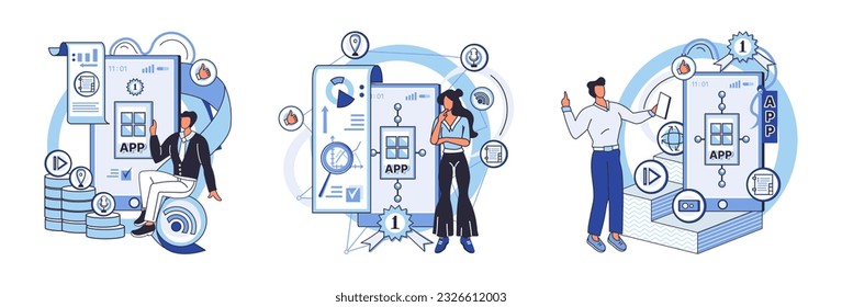 Application testing metaphor. Vector illustration. App test, test drive before app is out for spin in market Software testing, inspection officer ensuring coding standards are met Application testing