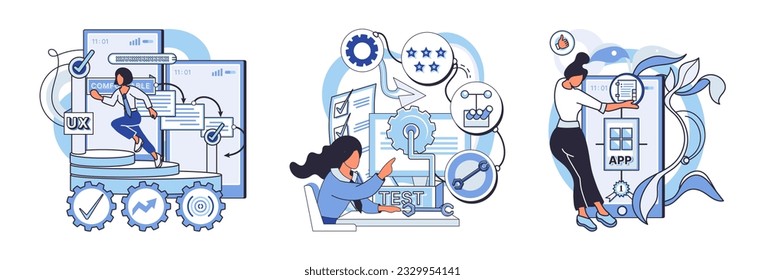 Application testing metaphor. Vector illustration. Application testing, meticulous process to ensure flawless user experiences App test, litmus paper of apps performance Software testing, guardiangel