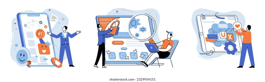 Application testing metaphor. Vector illustration. Software testing, cleaner that sweeps potential bugs off software floor Application testing, safety check ensuring glitch-free user experiences