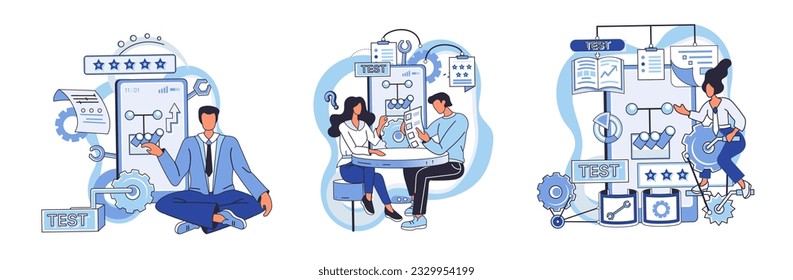 Application testing metaphor. Vector illustration. Application testing, refining process for well-oiled software mechanism App test, mock drill that prepares app for real-world scenarios Software