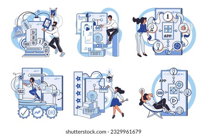 Application testing metaphor. Vector illustration. App test, test drive before app is out for spin in market Software testing, inspection officer ensuring coding standards are met Application testing