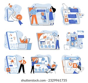 Application testing metaphor. Vector illustration. App test, challenge course for testing apps limits Software testing, broom that sweeps away coding errors Application testing, detector identifying