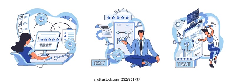 Metáfora de prueba de aplicaciones. Ilustración vectorial. Prueba de aplicaciones, proceso de refinamiento que garantiza un recorrido sin problemas para la prueba de aplicaciones de software, período de prueba antes de que la aplicación haga su debut de software