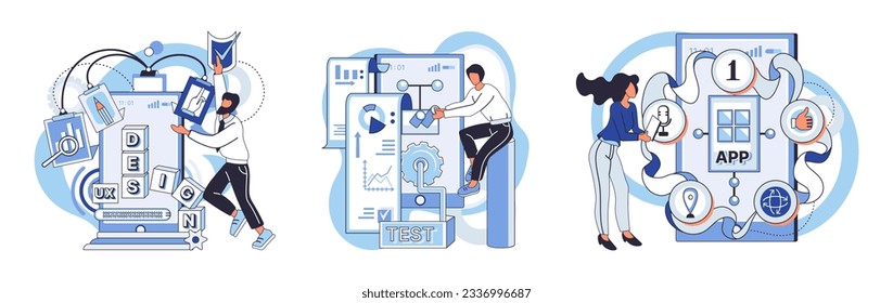 Application testing metaphor. Vector illustration. Software testing, final frontier before code goes live Application testing, diagnostic procedure for softwares health App test, rehearsal stage