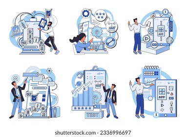 Metapher für Anwendungstests. Vektorgrafik. Anwendungstests, Qualitätssicherungs-Schritt im Software-Lifecycle-App-Test, Nachweis der Zuverlässigkeit von Apps bei der Überprüfung von Softwaretests