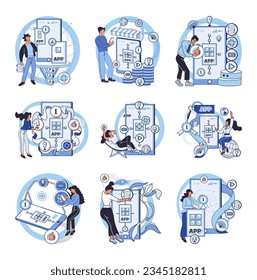 Application testing metaphor. Vector illustration. App test, boot camp training for app before it gets released Software testing, tool that polishes raw edges of code Application testing, refining
