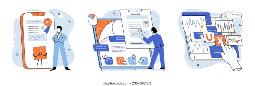 Application testing metaphor. Vector illustration. App test, stress test for gauging apps robustness Software testing, fact-checker that validates performance of code Application testing, audit