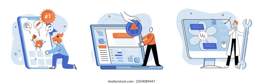Application testing metaphor. Vector illustration. Application testing, detector identifying glitches for smoother software operation App test, obstacle course testing agility of app Software testing