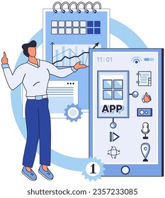 Application testing metaphor. Vector illustration. Software testing, sweep that keeps software environment clefrom bugs Application testing, softwares final exam before its deemed fit for use