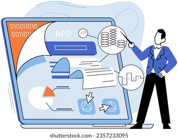 Application testing metaphor. Vector illustration. Application testing, meticulous process to ensure flawless user experiences App test, litmus paper of apps performance Software testing, guardiangel