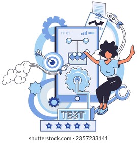 Application testing metaphor. Vector illustration. App test, stress test for gauging apps robustness Software testing, fact-checker that validates performance of code Application testing, audit
