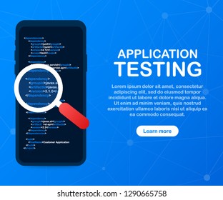 Application testing. Software development workflow process coding testing analysis concept. Vector stock illustration.