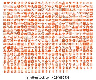 Symbole der Symbolleiste Anwendung. 576 Flachsymbole verwenden orangefarbene Farben. Vektorillustrationen sind einzeln auf weißem Hintergrund. 