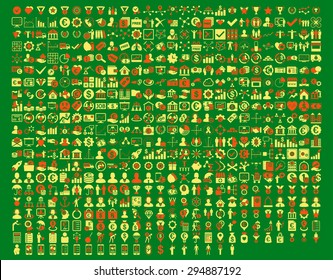 Application Toolbar Icons. 576 flat bicolor icons use orange and yellow colors. Vector images are isolated on a green background. 