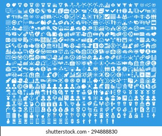 Application Toolbar Icons. 576 flat icons use white color. Vector images are isolated on a blue background. 
