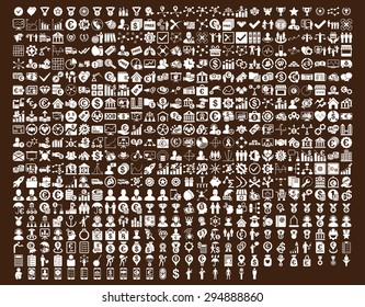 Application Toolbar Icons. 576 flat icons use white color. Vector images are isolated on a brown background. 