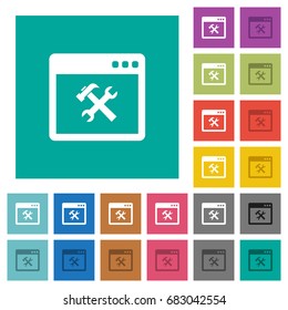 Application tools multi colored flat icons on plain square backgrounds. Included white and darker icon variations for hover or active effects.