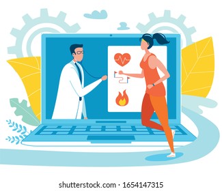 Application for Tracking Health State during Training. Cartoon Woman Running. Doctor on Huge Flat Laptop Screen with Stethoscope. Smart Medical Care Program on Computer. Vector Illustration