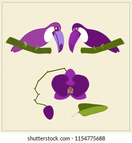 Application of two stitched pink toucans looking down at pink stitched orchid with a bud. Birds and phalaenopsis look like stitched textile. For invitation and greeting card, banner, print, design.