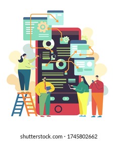 Application UI and UX design concept. Work with a smartphone. Data analysis. Business project development. Infographic of work. People are working in the office. Vector flat cartoon illustration