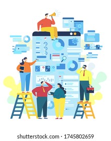 Application UI and UX design development concept. Data analysis. Business project building. Creative work. Presentation of work. People are working in the office. Vector flat cartoon illustration