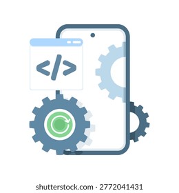 Application under maintenance illustration, representing system upgrade, temporary downtime, software update process, server optimization, and IT support for improved performance and security.