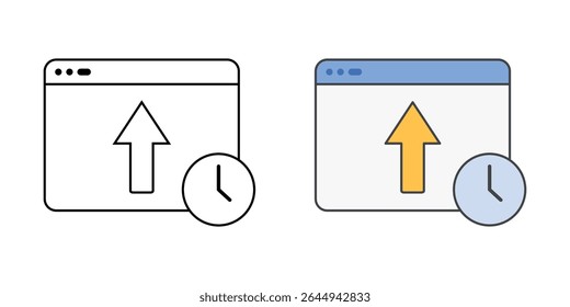 Ícone obrigatório de atualização de aplicativo com janela do aplicativo, seta para cima e relógio, em estilos de estrutura de tópicos e cores, ideal para ilustrar atualizações de software pendentes, manutenção do sistema e lembretes de suporte de TI.