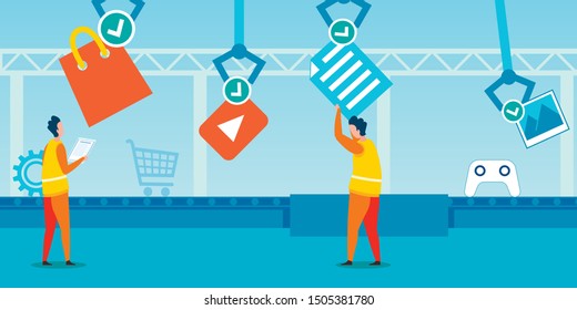 Application Usability Development and Teamwork. Metaphor Manufacture. Cartoon Men Programmer Characters Working at User Interface, Social Media, Services Creation. Vector Flat Illustration