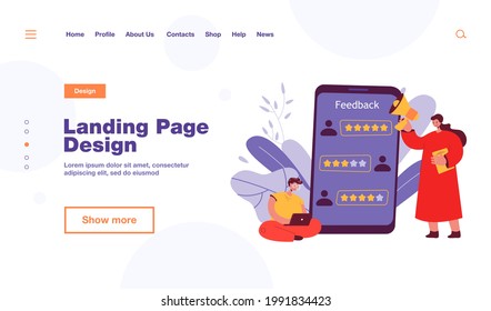 Application user giving positive feedback. Tiny female character with loudspeaker, huge phone flat vector illustration. Customer feedback, software development concept for banner, website design