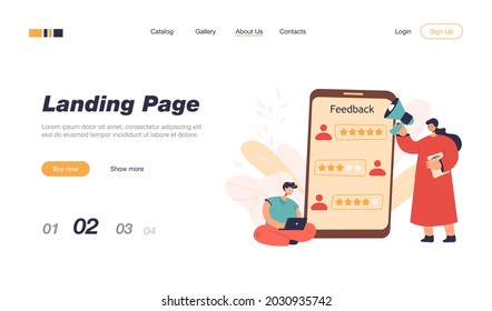 Application user giving positive feedback. Tiny female character with loudspeaker, huge phone flat vector illustration. Customer feedback, software development concept for banner, website design