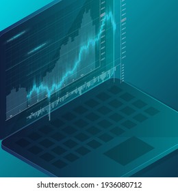 Application UX Financial analytic Business Infographic elements screen laptop. Budget accounting statistics concept. Analysis trends financial strategy using infographic chart. Vector 3d illustration