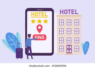 Concepto de vector de aplicación: Joven encontrando un hotel en la aplicación para teléfonos móviles mientras toca la pantalla